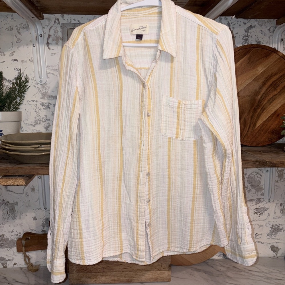 Women's Size L Coastal stripe Gauze 100% Cotton Yellow White Button Down Shirt